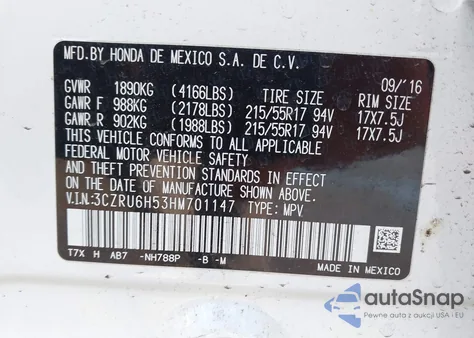 2017 Honda Hr-V Ex z USA, uszkodzony, nr VIN 3CZRU6H53HM701147